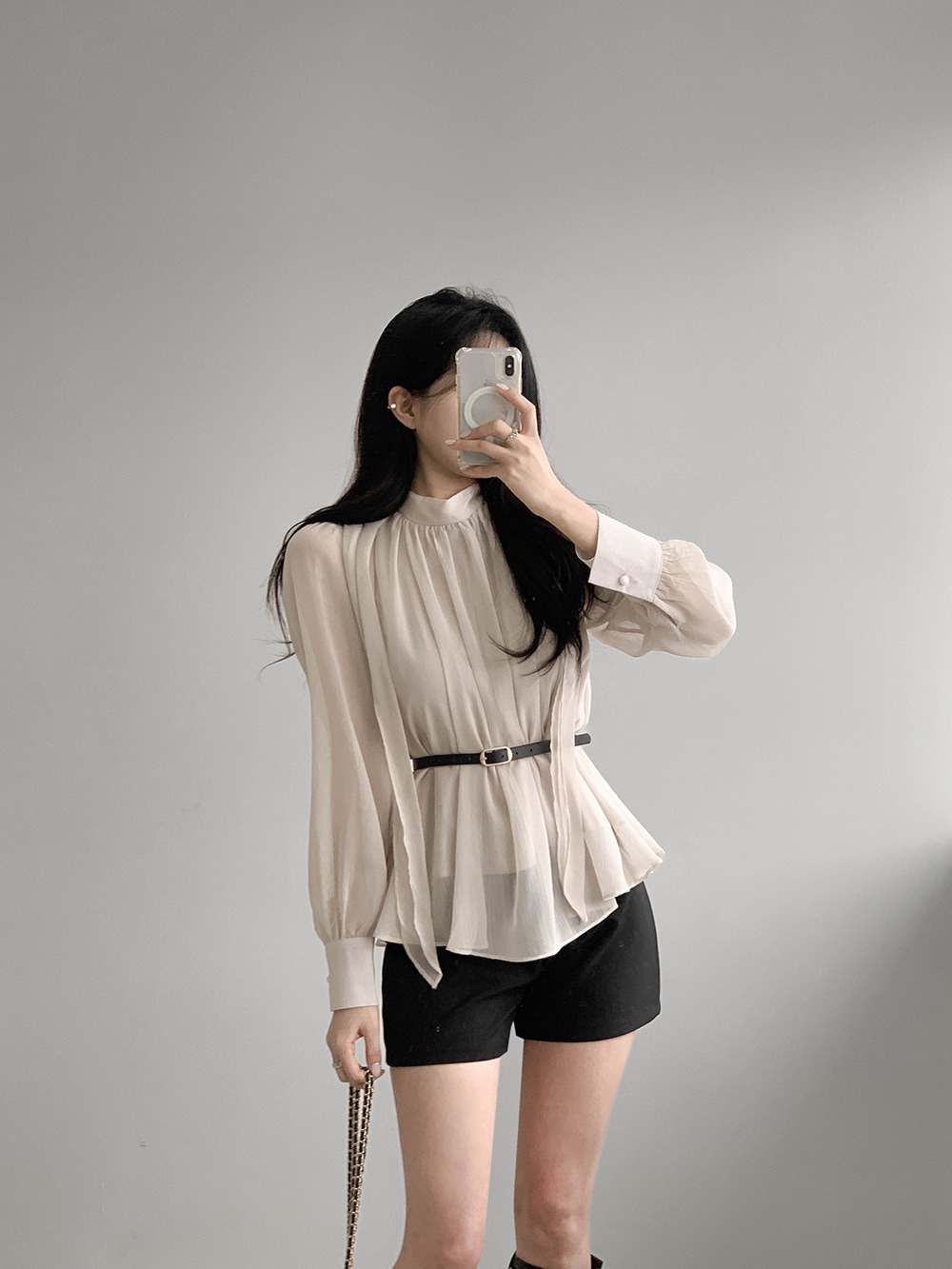 優雅立領綁帶雪紡襯衫,KOREA,359994,優雅立領綁帶雪紡襯衫,領500,999免運