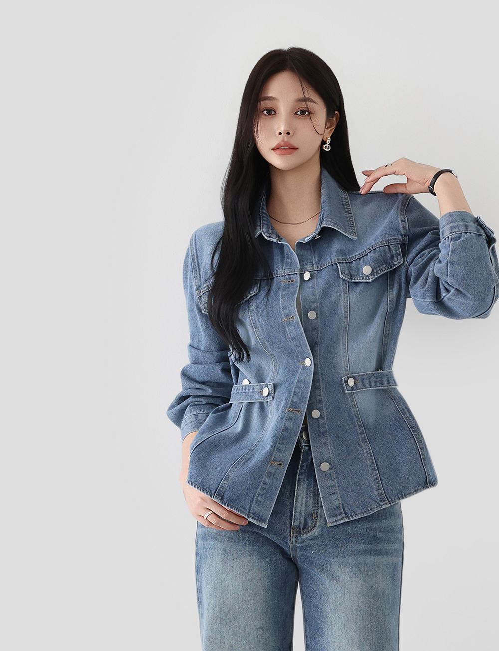 腰部扣環設計牛仔外套,KOREA,360002,腰部扣環設計牛仔外套,領500,999免運