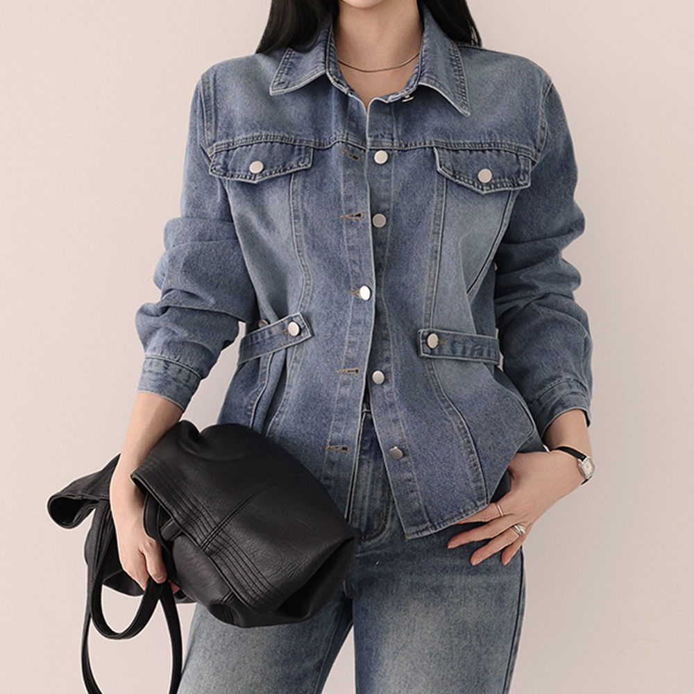 腰部扣環設計牛仔外套