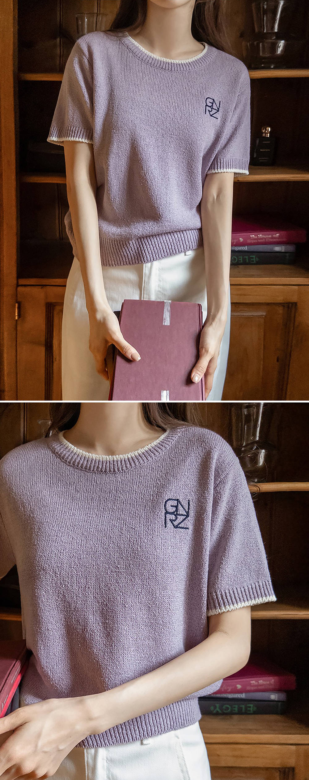 刺繡撞色滾邊針織上衣,KOREA,360049,刺繡撞色滾邊針織上衣,周新品優惠,NEWARRIVAL