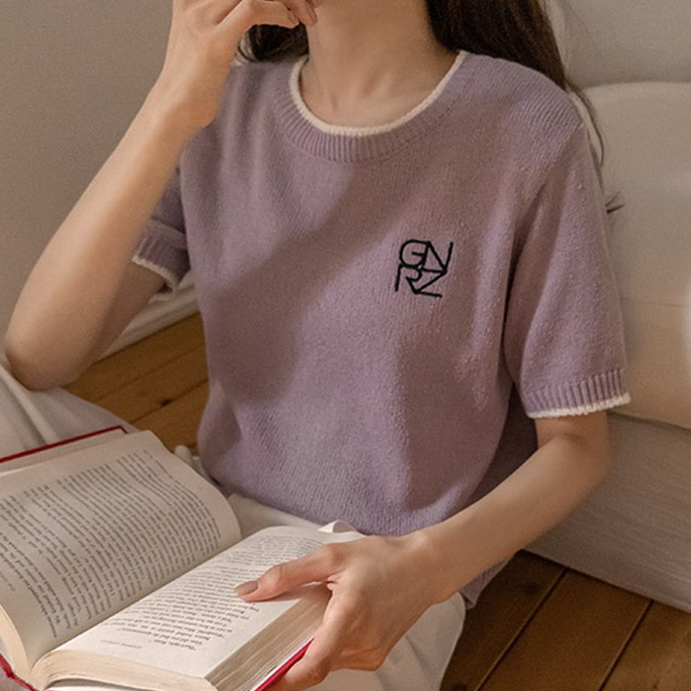 刺繡撞色滾邊針織上衣