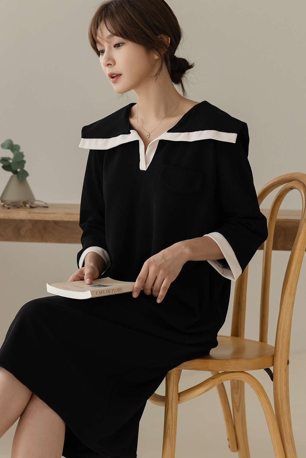 水手領撞色寬版洋裝,背心,KOREA,360081,水手領撞色寬版洋裝,999免運