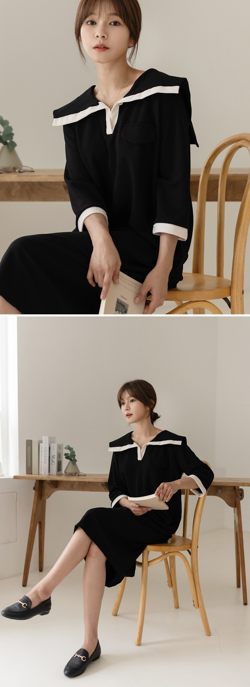 水手領撞色寬版洋裝,背心,KOREA,360081,水手領撞色寬版洋裝,999免運