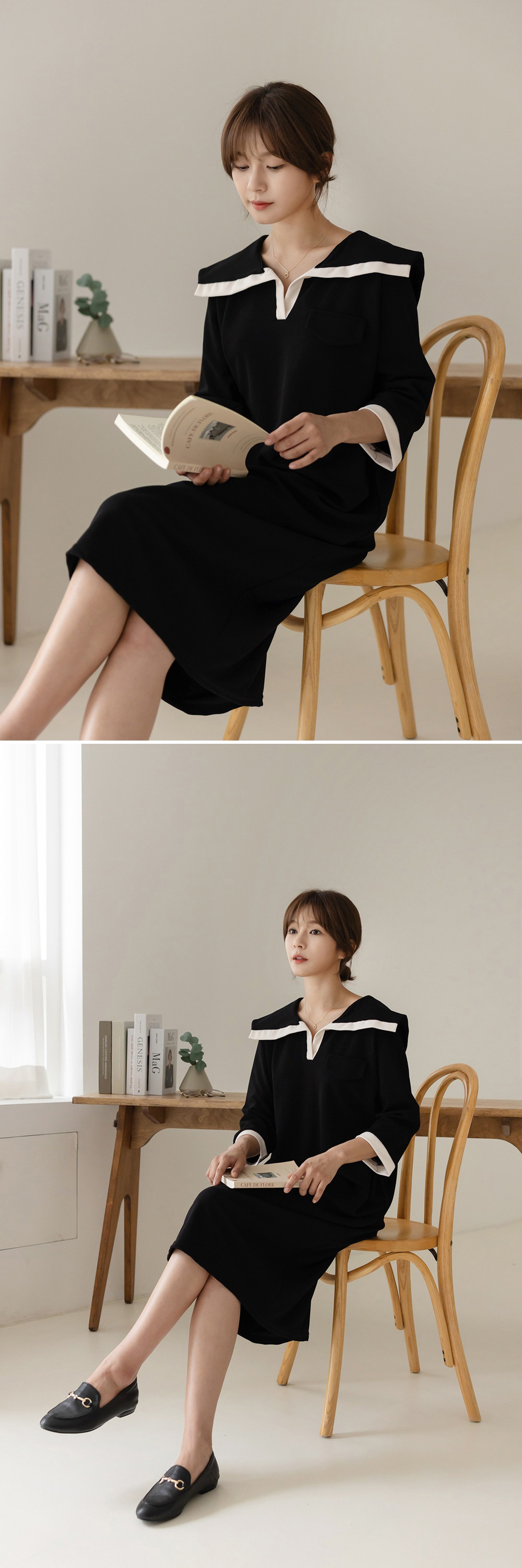 水手領撞色寬版洋裝,背心,KOREA,360081,水手領撞色寬版洋裝,999免運