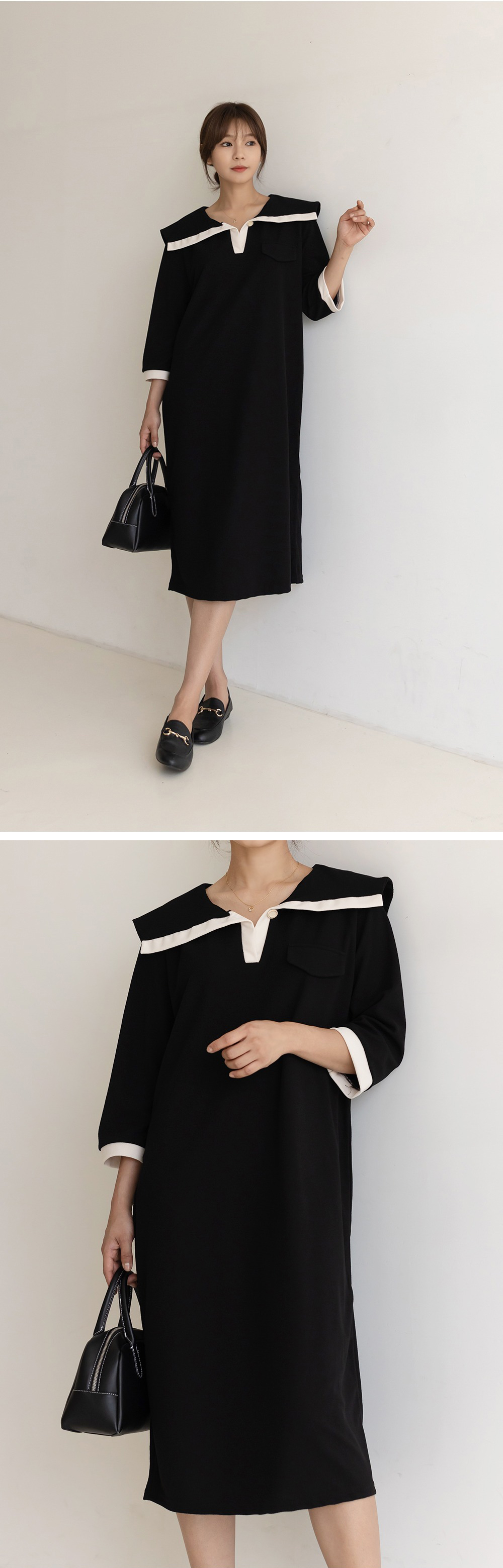 水手領撞色寬版洋裝,背心,KOREA,360081,水手領撞色寬版洋裝,999免運