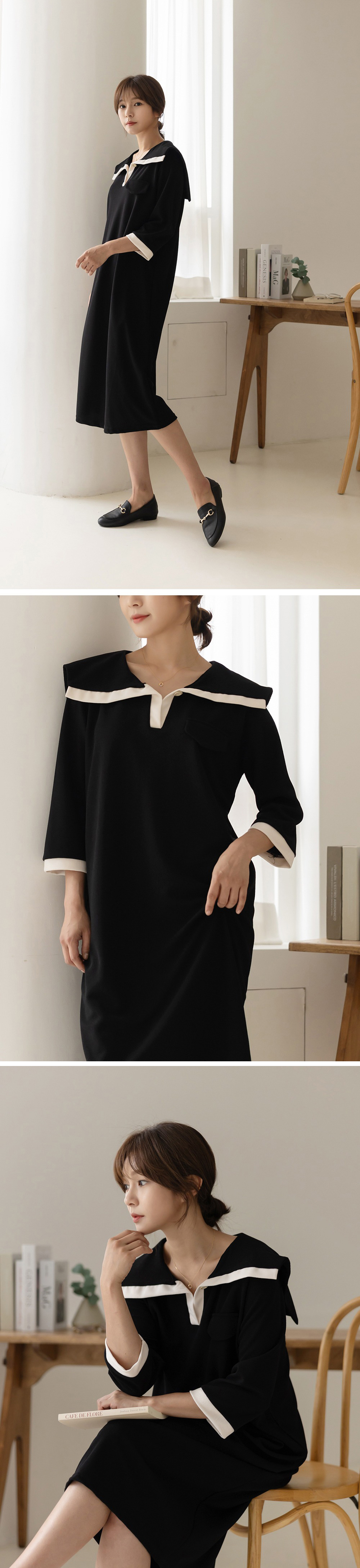 水手領撞色寬版洋裝,背心,KOREA,360081,水手領撞色寬版洋裝,999免運
