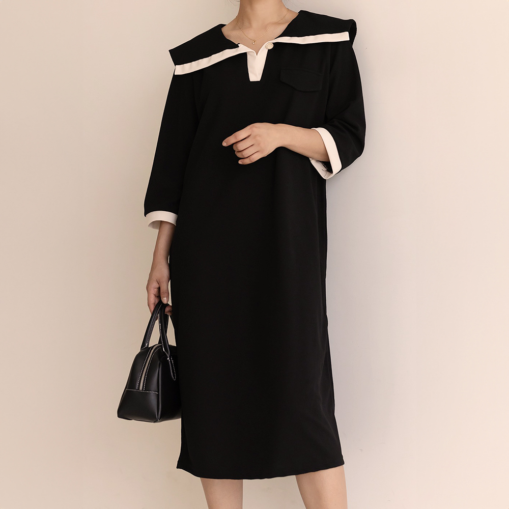 水手領撞色寬版洋裝