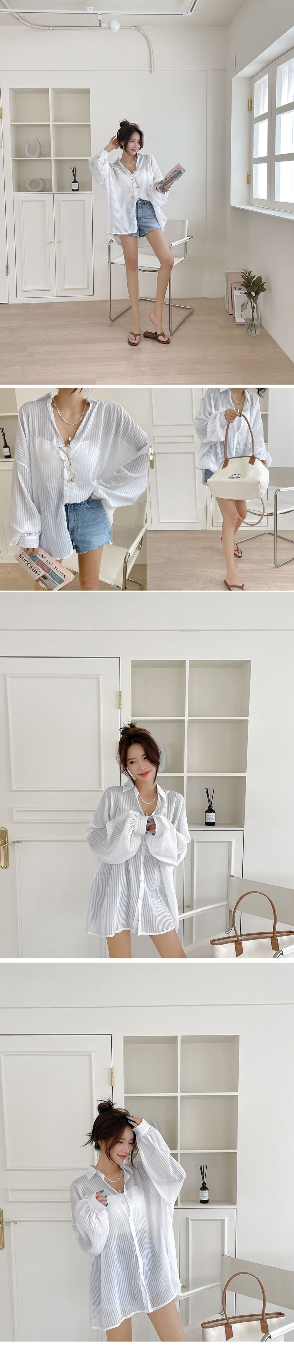 微透寬鬆條紋長袖襯衫,KOREA,360911,微透寬鬆條紋長袖襯衫,領500,999免運