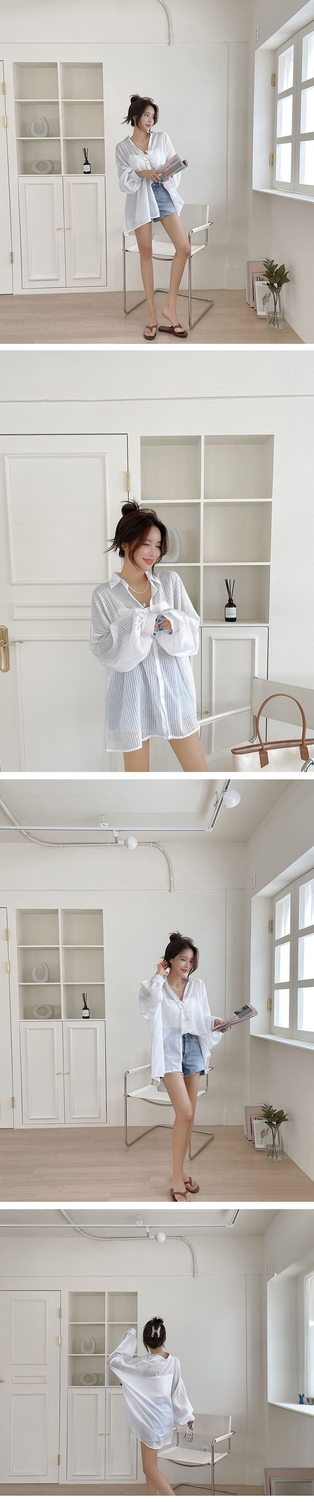 微透寬鬆條紋長袖襯衫,KOREA,360911,微透寬鬆條紋長袖襯衫,領500,999免運