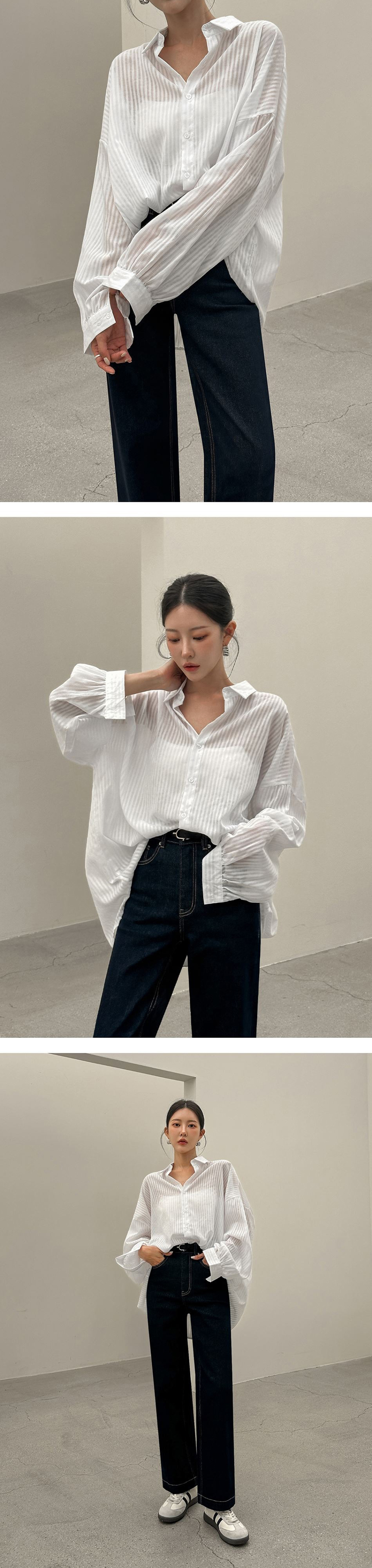 微透寬鬆條紋長袖襯衫,KOREA,360911,微透寬鬆條紋長袖襯衫,領500,999免運
