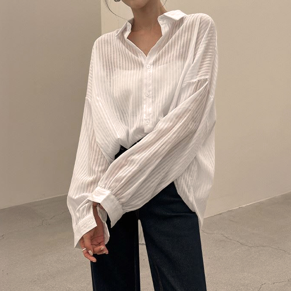 微透寬鬆條紋長袖襯衫