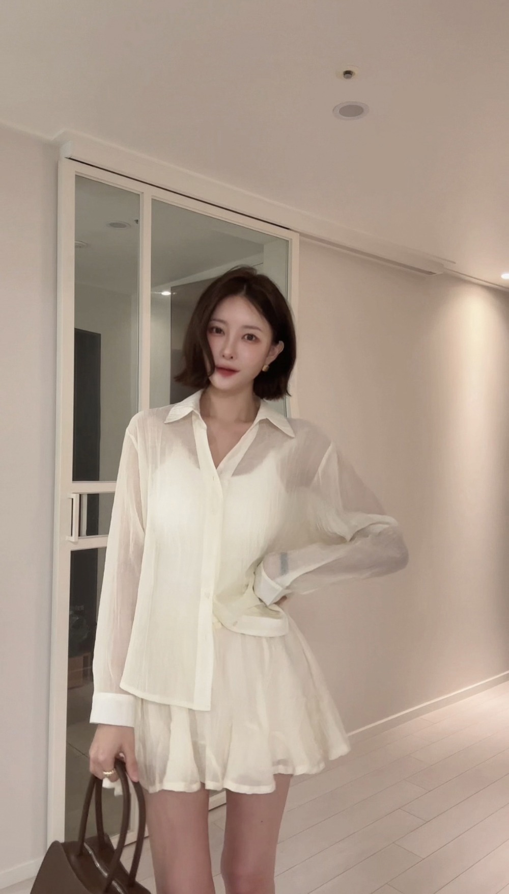 微透雪紡襯衫短裙套裝,KOREA,360912,微透雪紡襯衫短裙套裝,領500,999免運