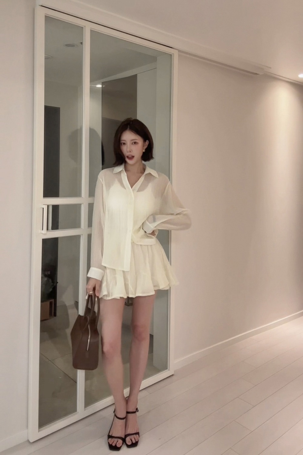 微透雪紡襯衫短裙套裝,KOREA,360912,微透雪紡襯衫短裙套裝,領500,999免運