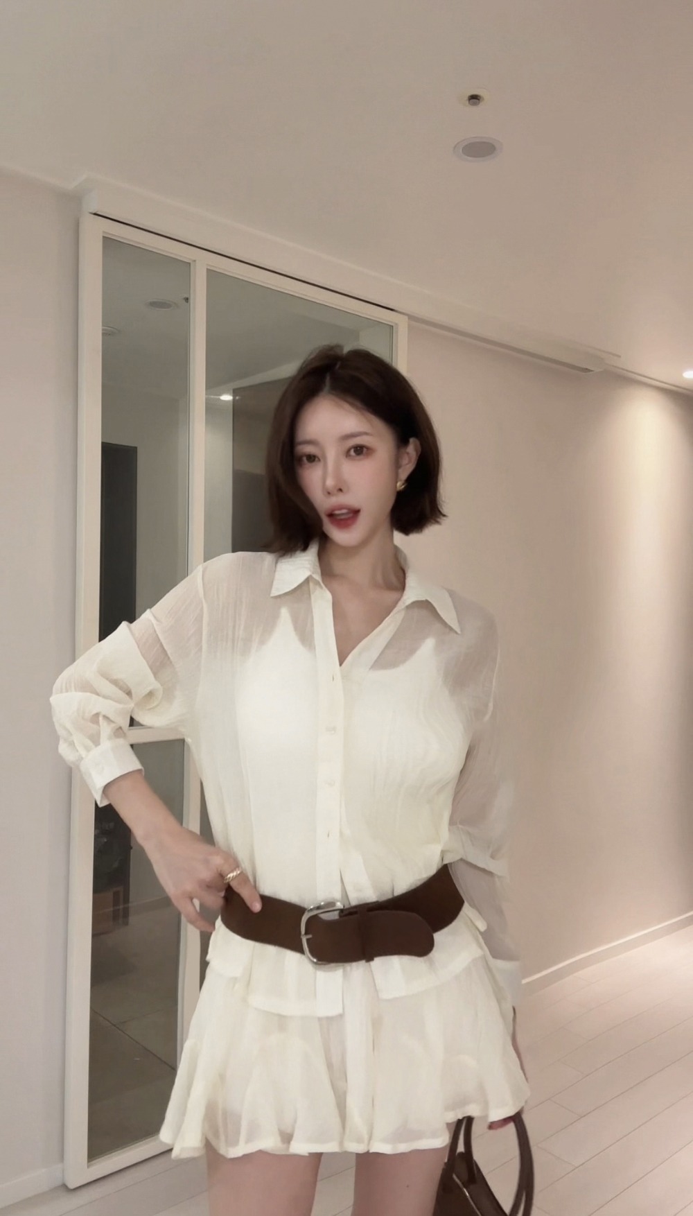 微透雪紡襯衫短裙套裝,KOREA,360912,微透雪紡襯衫短裙套裝,領500,999免運