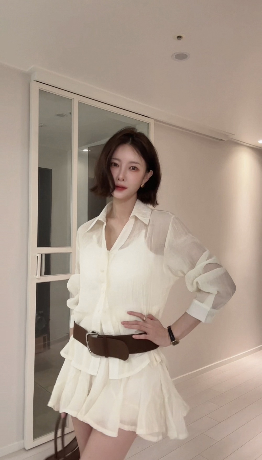 微透雪紡襯衫短裙套裝,KOREA,360912,微透雪紡襯衫短裙套裝,領500,999免運