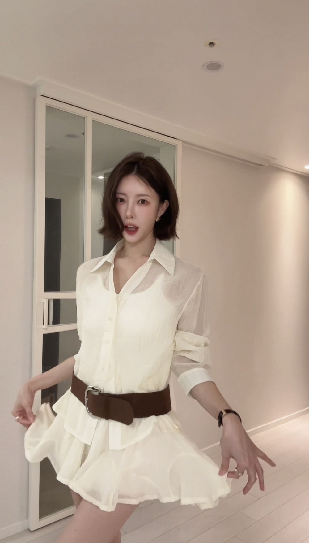 微透雪紡襯衫短裙套裝,KOREA,360912,微透雪紡襯衫短裙套裝,領500,999免運