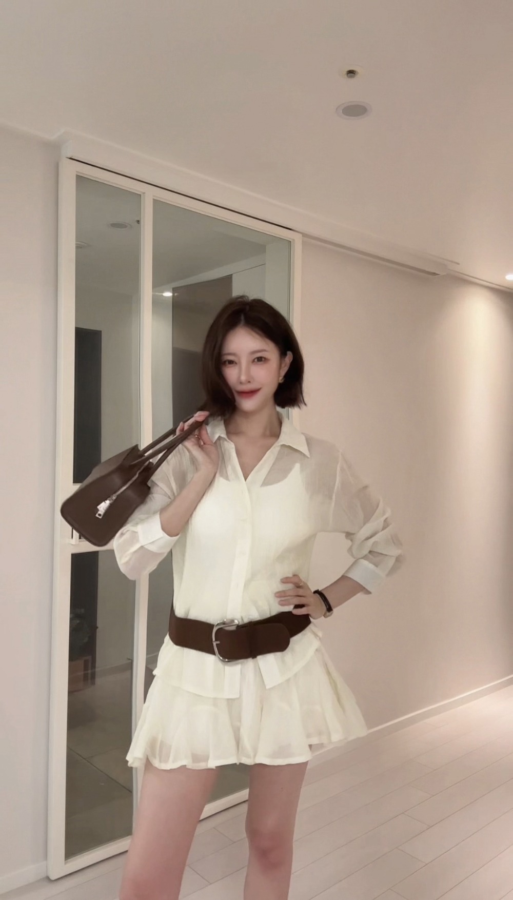 微透雪紡襯衫短裙套裝,KOREA,360912,微透雪紡襯衫短裙套裝,領500,999免運