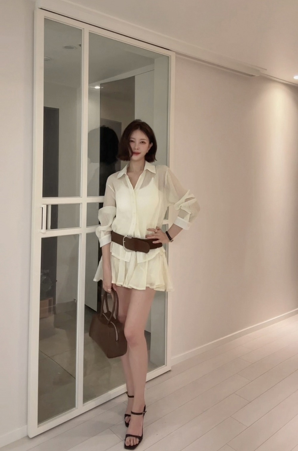 微透雪紡襯衫短裙套裝,KOREA,360912,微透雪紡襯衫短裙套裝,領500,999免運