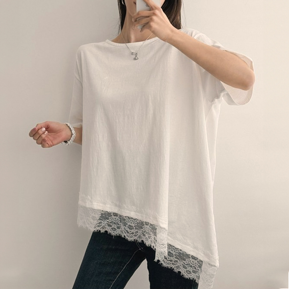 不對稱蕾絲拼接上衣