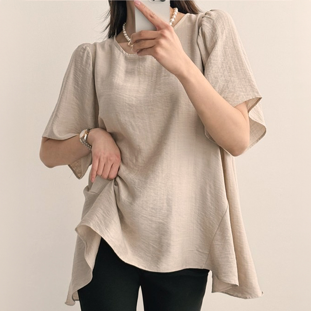 休閒純色寬鬆圓領上衣