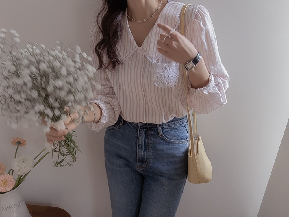 蕾絲花邊領泡泡袖襯衫,KOREA,360564,蕾絲花邊領泡泡袖襯衫,領500,999免運