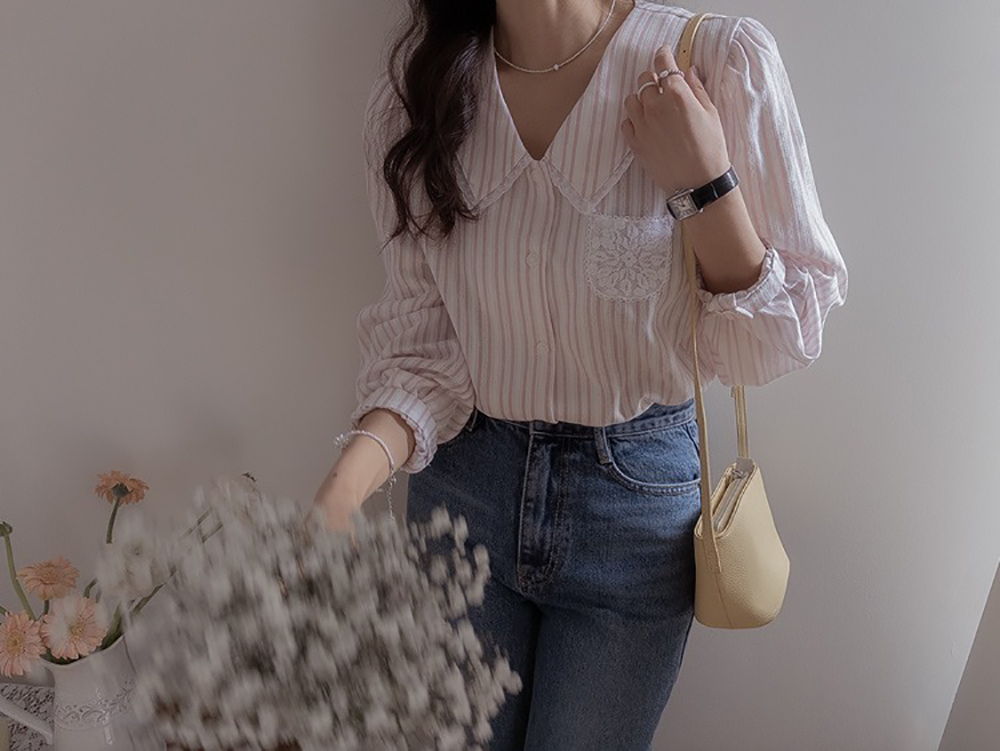 蕾絲花邊領泡泡袖襯衫,KOREA,360564,蕾絲花邊領泡泡袖襯衫,領500,999免運