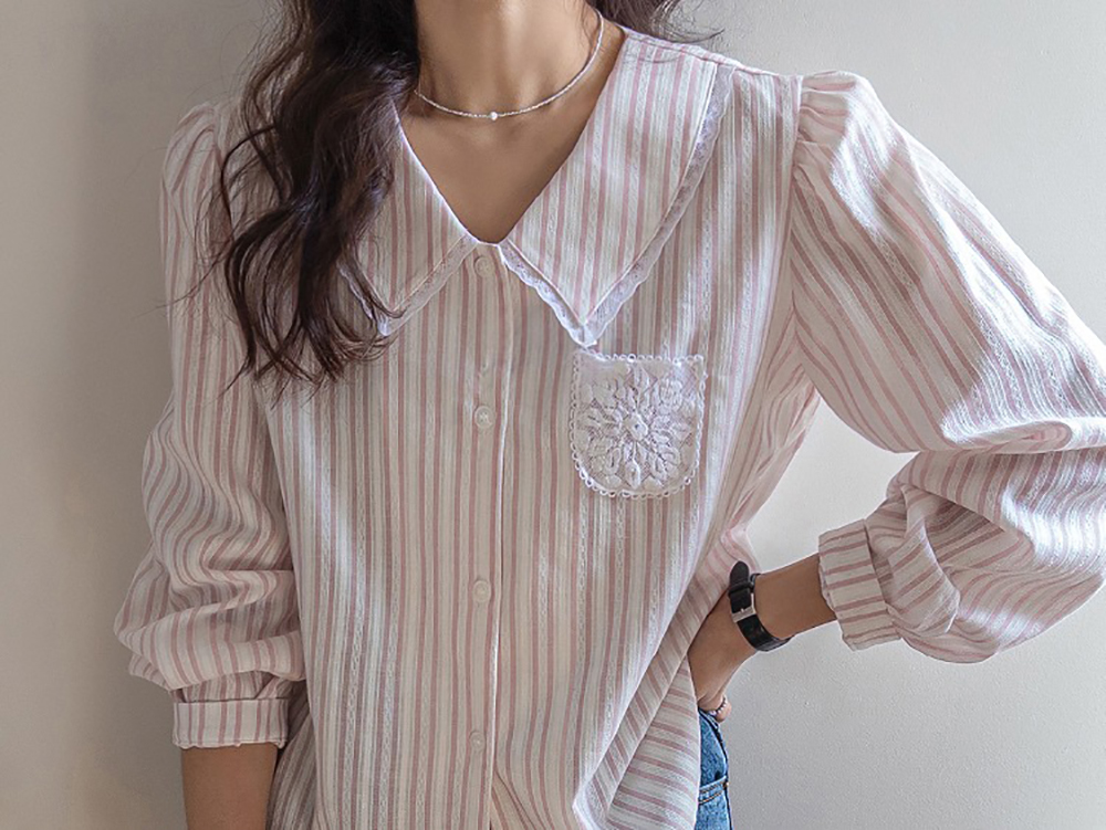 蕾絲花邊領泡泡袖襯衫,KOREA,360564,蕾絲花邊領泡泡袖襯衫,領500,999免運