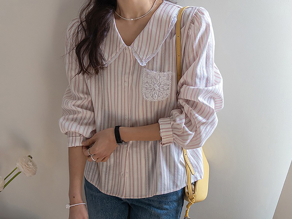 蕾絲花邊領泡泡袖襯衫,KOREA,360564,蕾絲花邊領泡泡袖襯衫,領500,999免運
