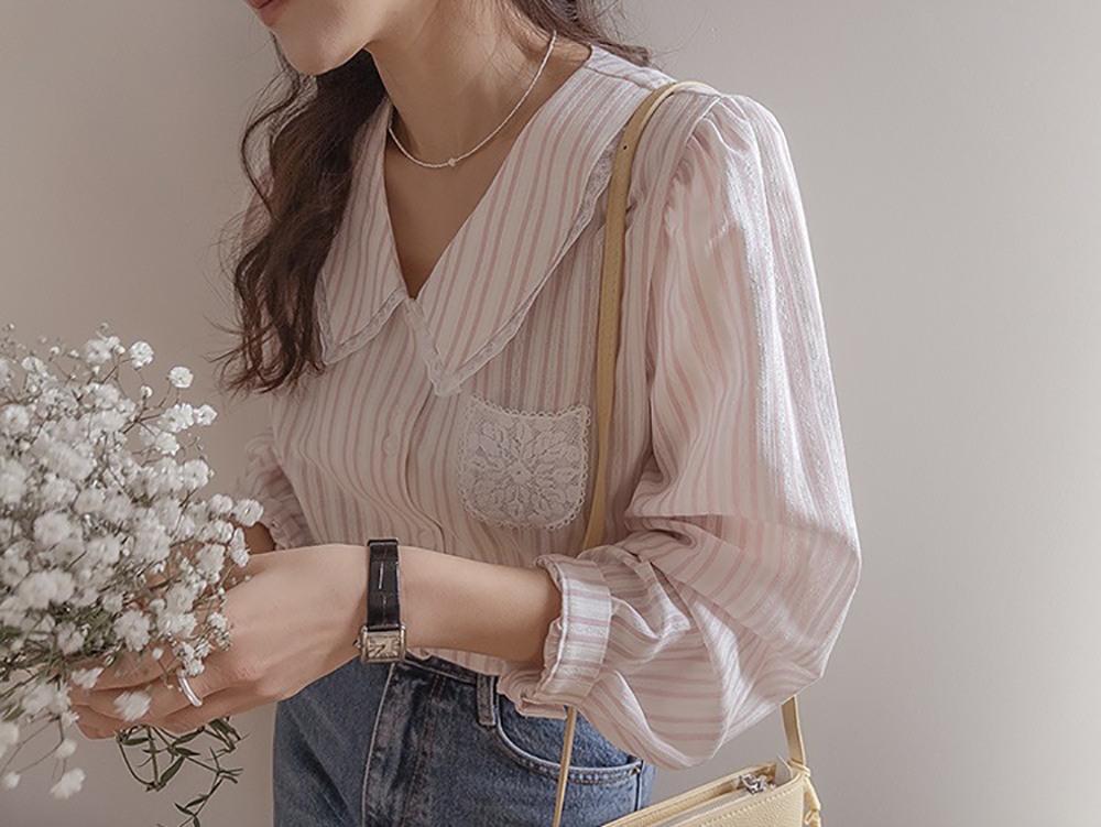 蕾絲花邊領泡泡袖襯衫,KOREA,360564,蕾絲花邊領泡泡袖襯衫,領500,999免運