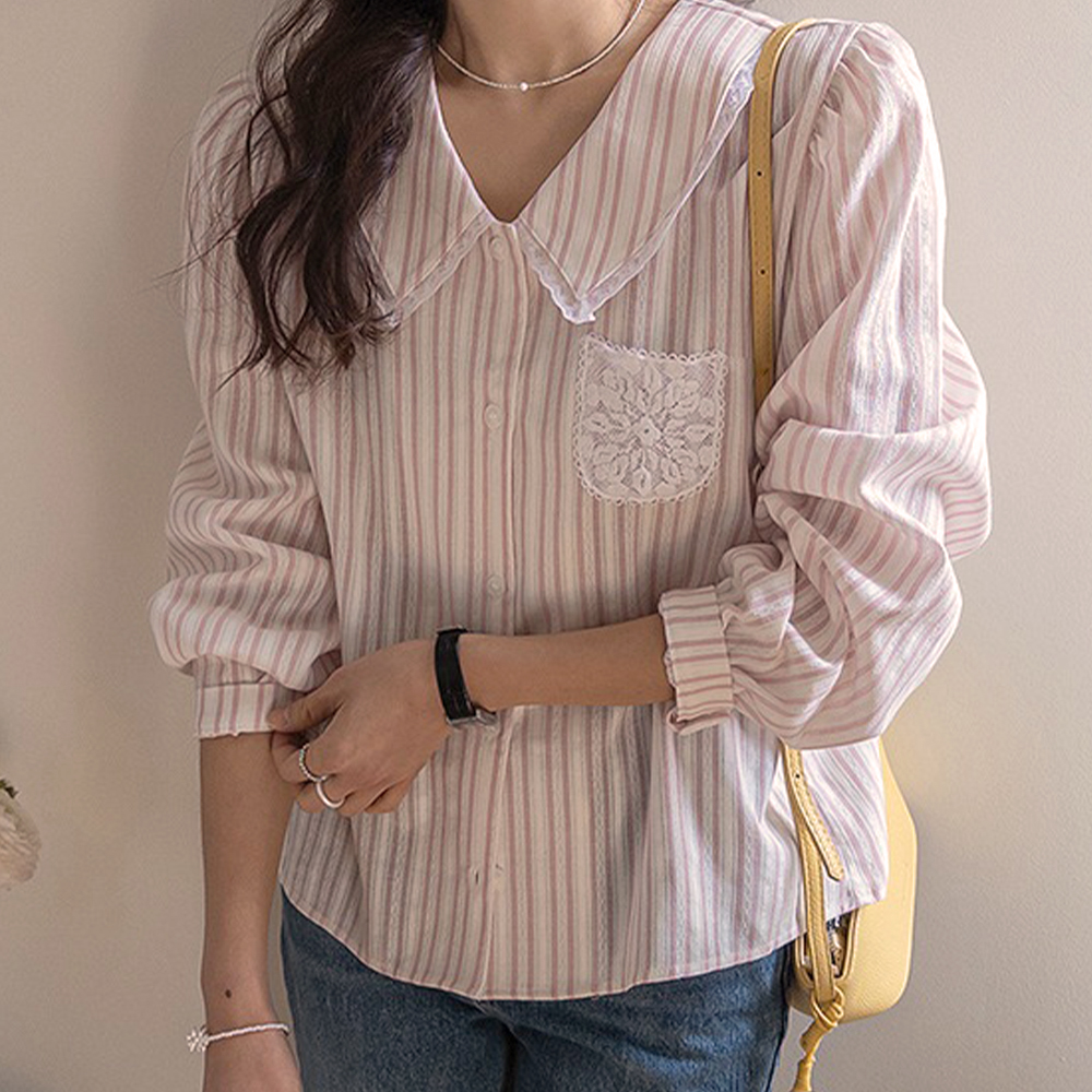 蕾絲花邊領泡泡袖襯衫