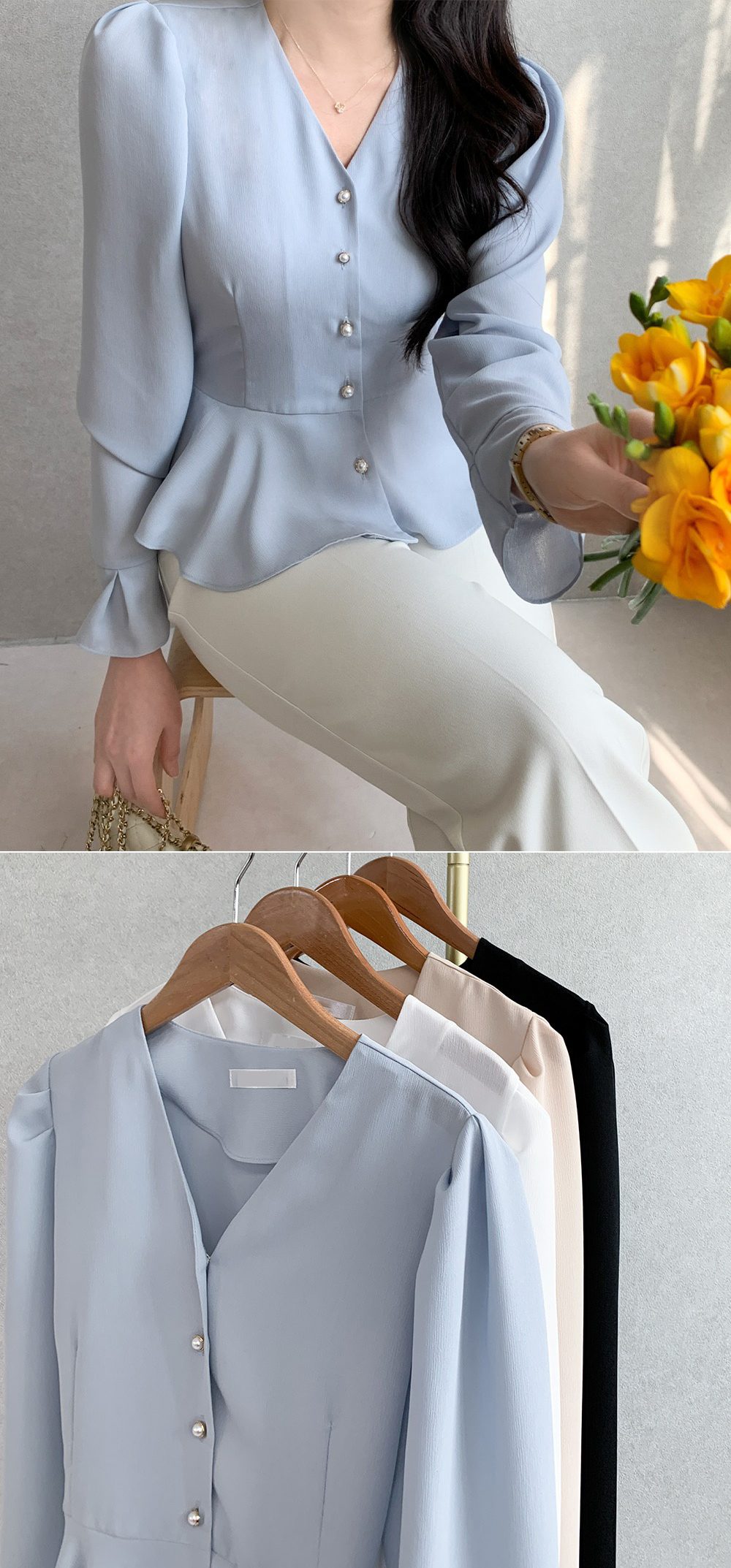 氣質荷葉下襬V領襯衫,KOREA,360581,氣質荷葉下襬V領襯衫,領500,999免運