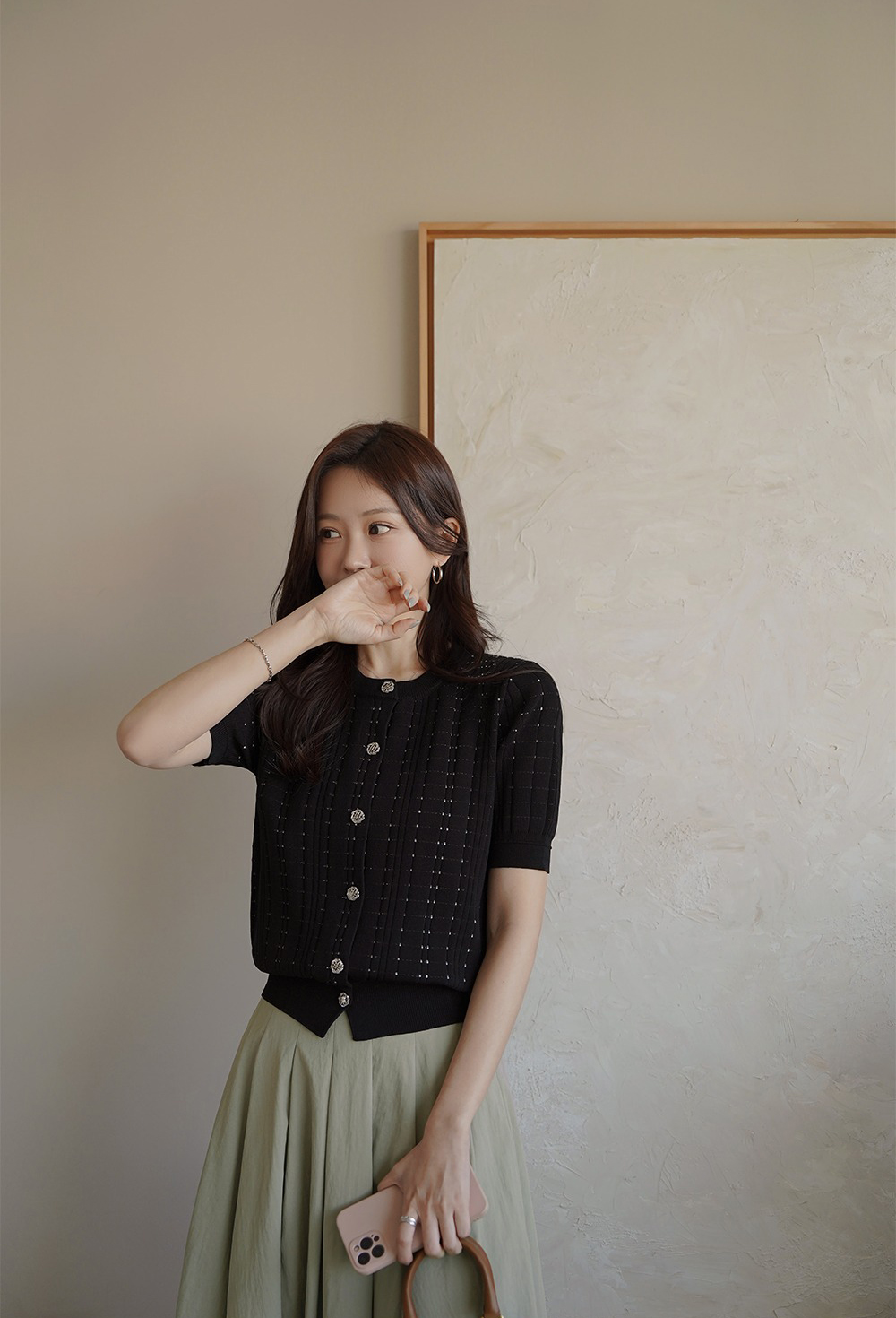 優雅銀釦壓紋針織上衣,KOREA,360633,優雅銀釦壓紋針織上衣,領500,999免運