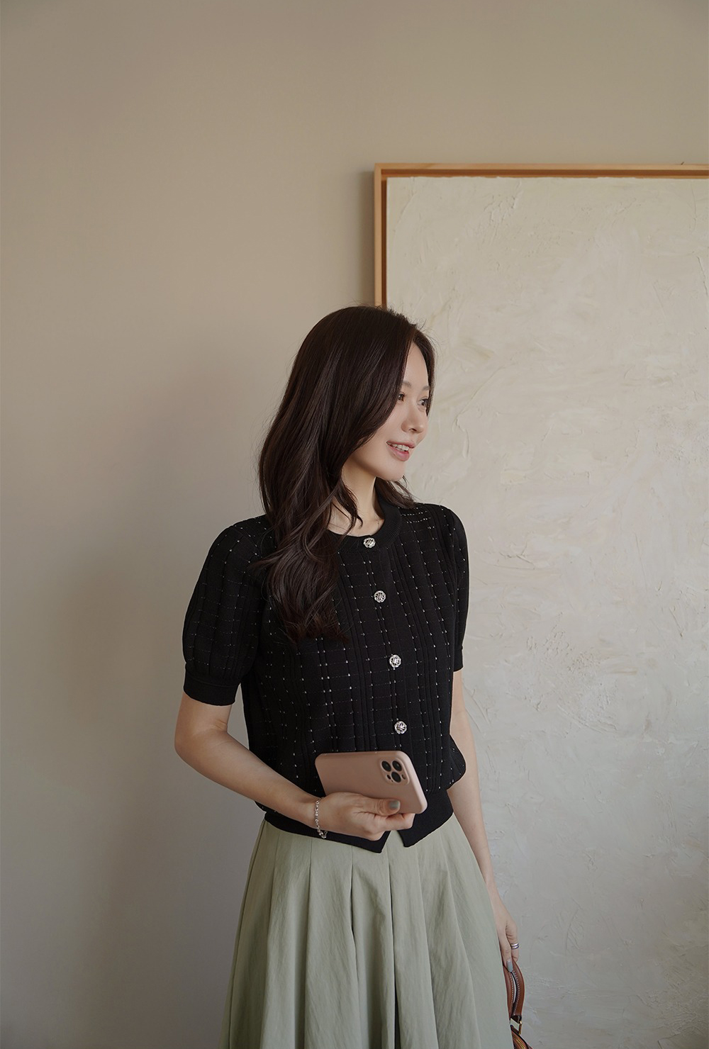 優雅銀釦壓紋針織上衣,KOREA,360633,優雅銀釦壓紋針織上衣,領500,999免運