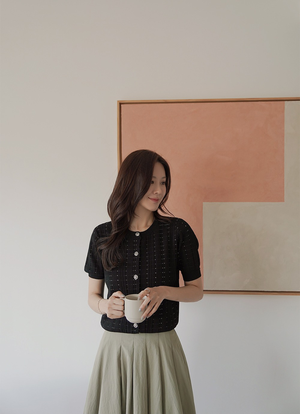 優雅銀釦壓紋針織上衣,KOREA,360633,優雅銀釦壓紋針織上衣,領500,999免運