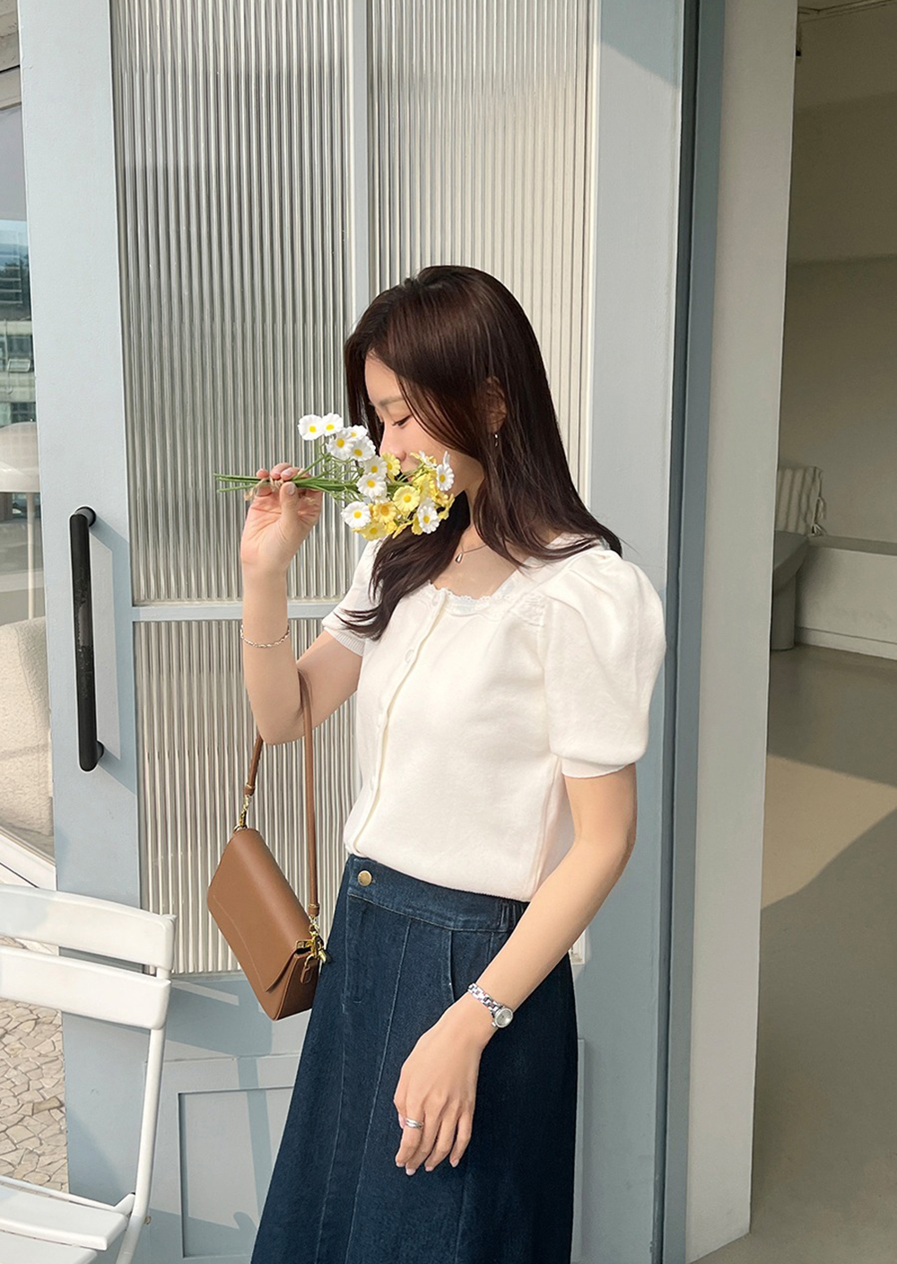 方領蕾絲泡泡袖上衣,KOREA,360634,方領蕾絲泡泡袖上衣,領500,999免運