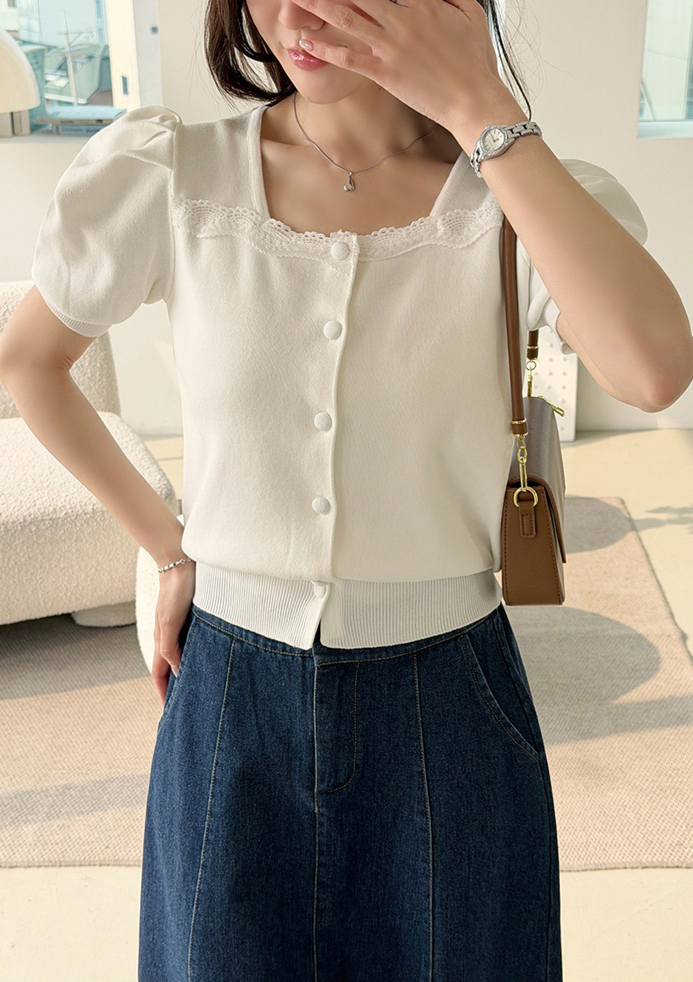 方領蕾絲泡泡袖上衣,KOREA,360634,方領蕾絲泡泡袖上衣,領500,999免運