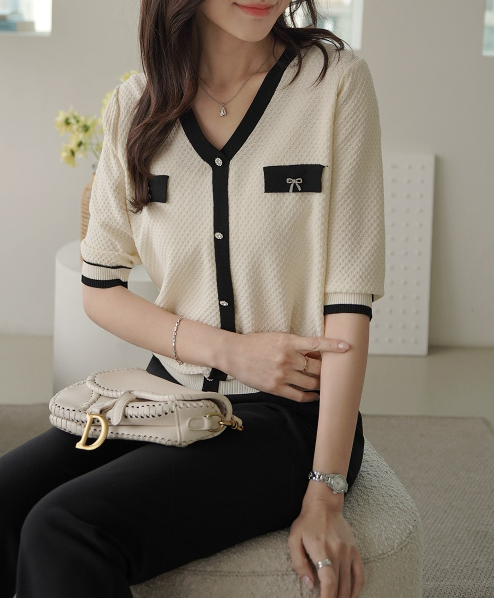 簡約甜美撞色針織上衣,KOREA,360635,簡約甜美撞色針織上衣,領500,999免運