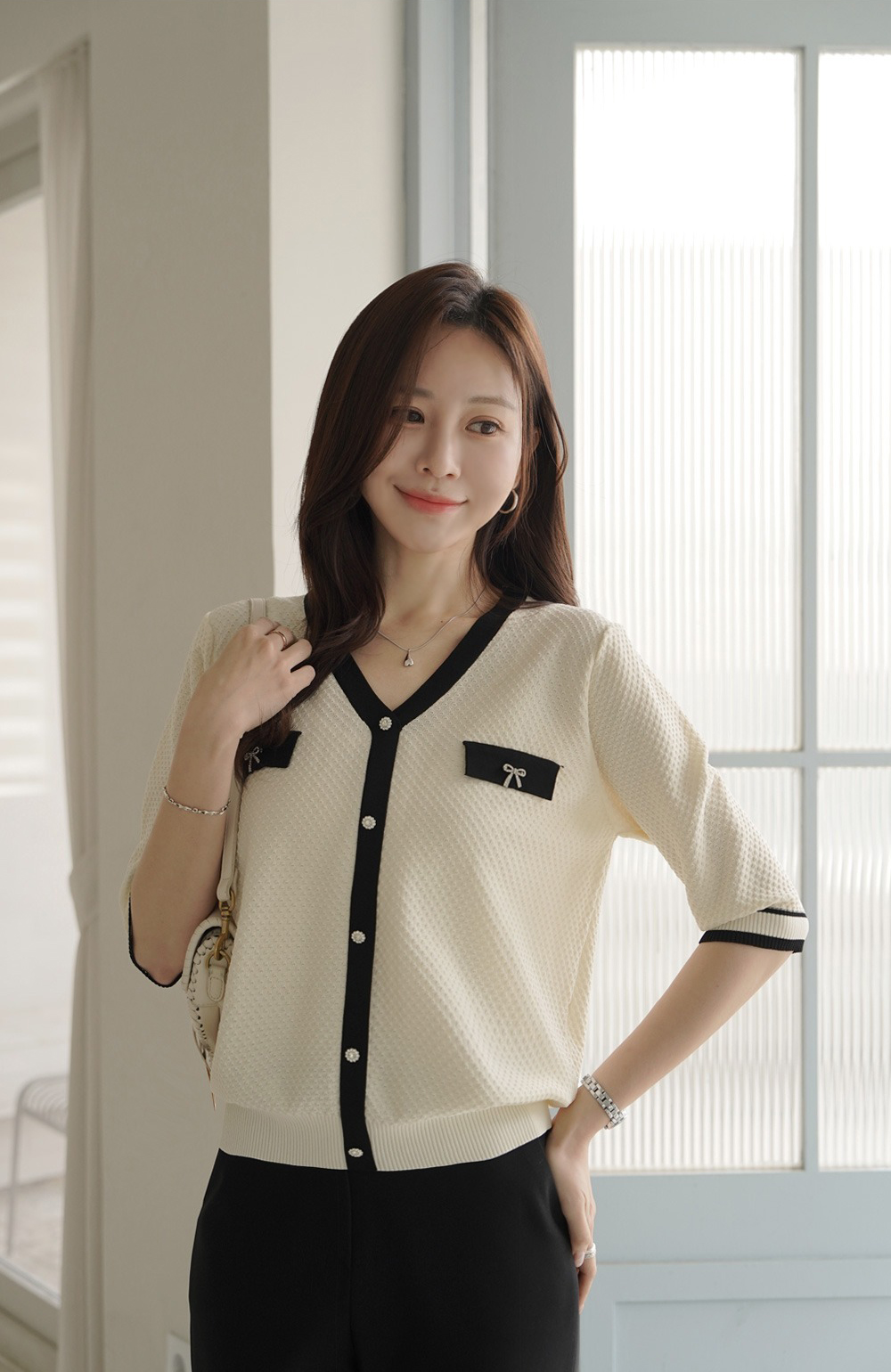 簡約甜美撞色針織上衣,KOREA,360635,簡約甜美撞色針織上衣,領500,999免運