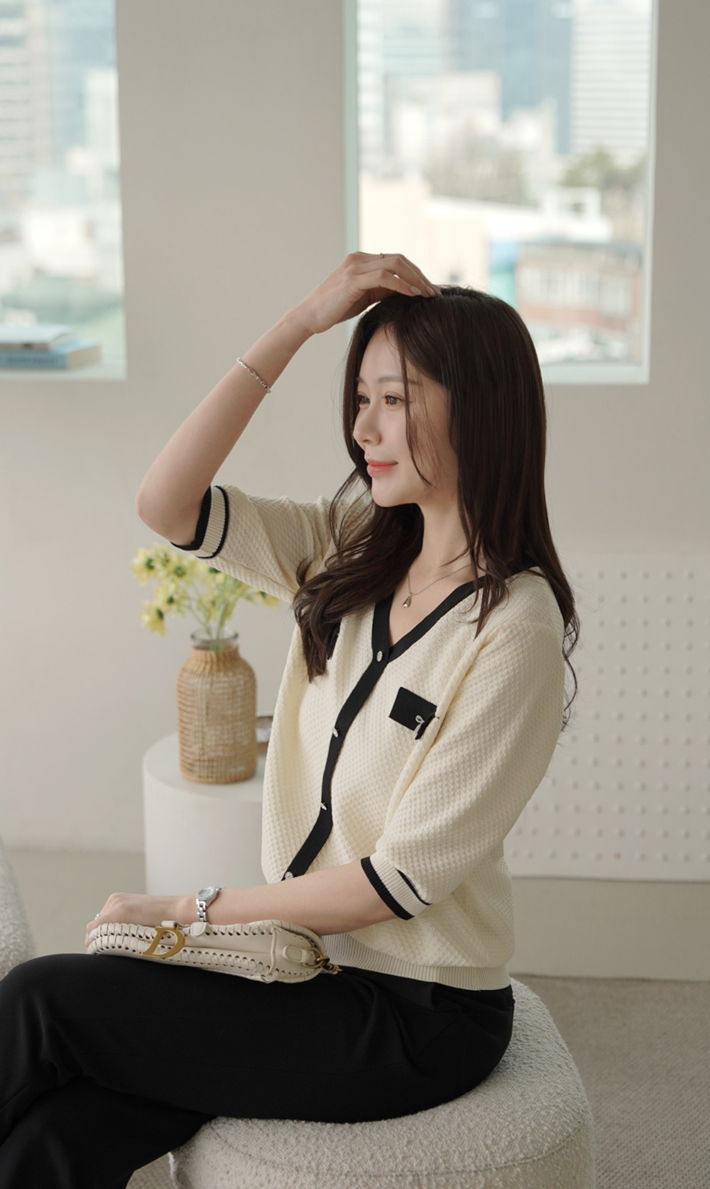 簡約甜美撞色針織上衣,KOREA,360635,簡約甜美撞色針織上衣,領500,999免運