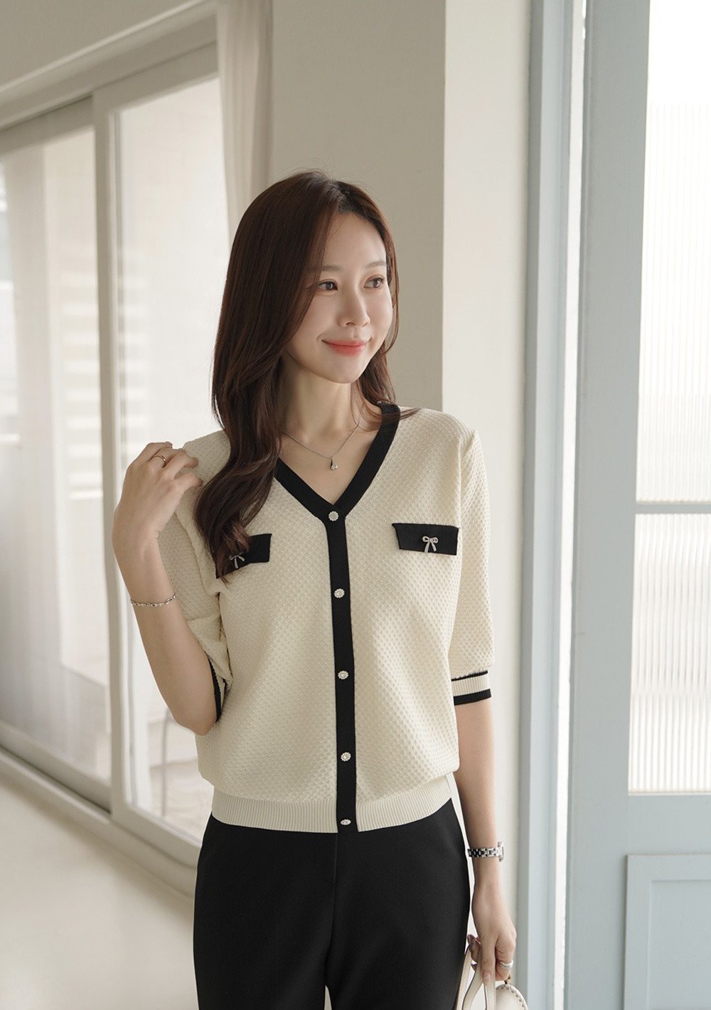 簡約甜美撞色針織上衣,KOREA,360635,簡約甜美撞色針織上衣,領500,999免運