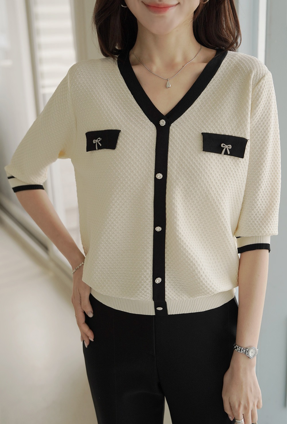 簡約甜美撞色針織上衣,KOREA,360635,簡約甜美撞色針織上衣,領500,999免運