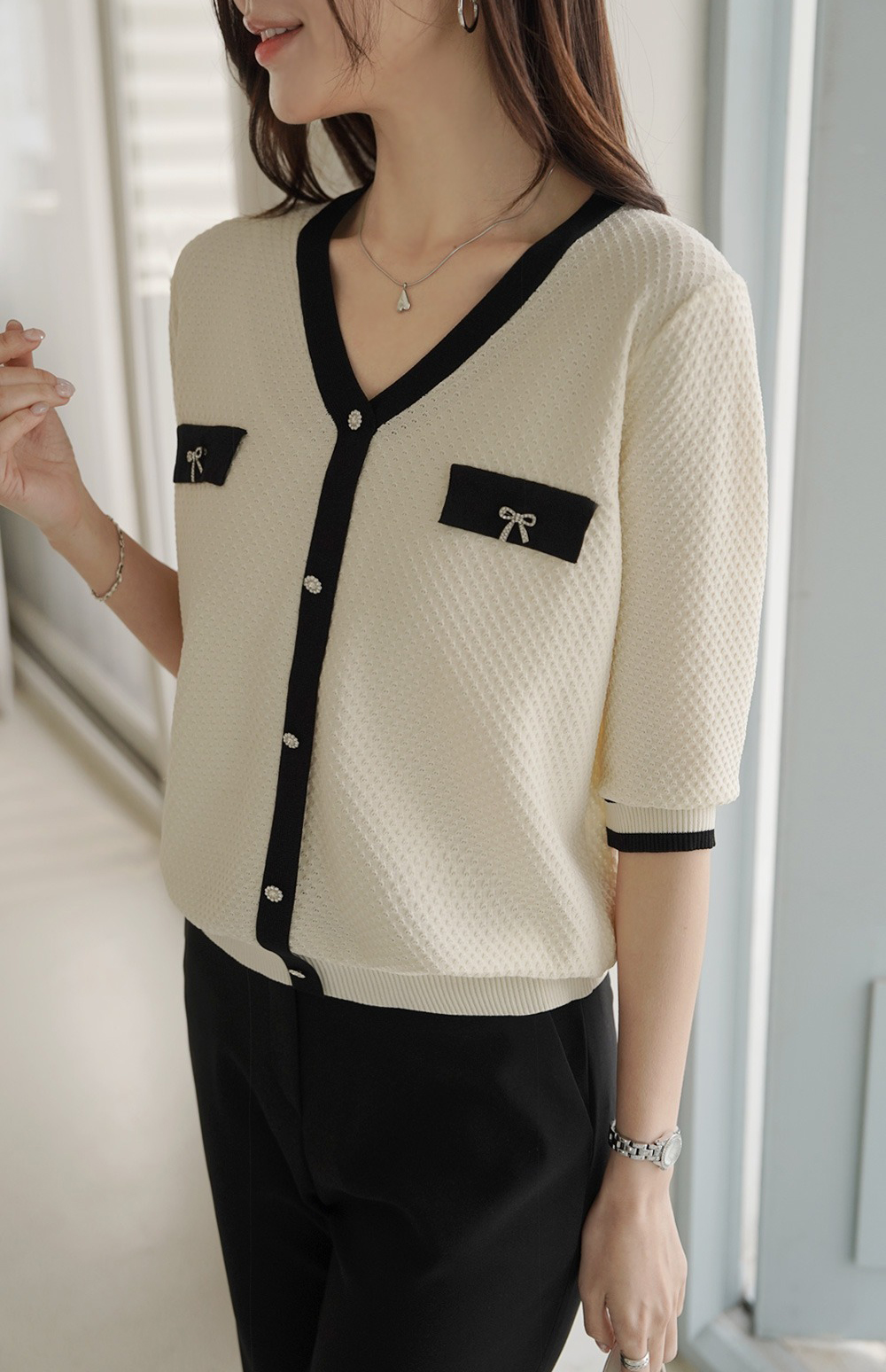 簡約甜美撞色針織上衣,KOREA,360635,簡約甜美撞色針織上衣,領500,999免運