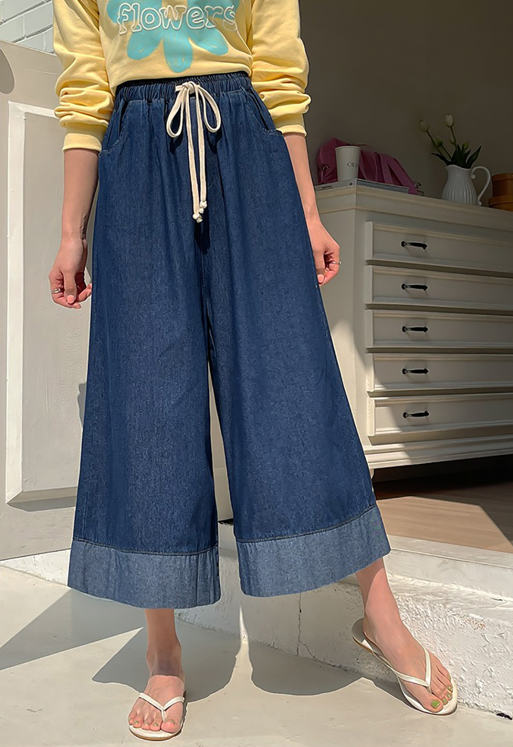 撞色下擺牛仔布寬褲,KOREA,361374,撞色下擺牛仔布寬褲,領500,999免運