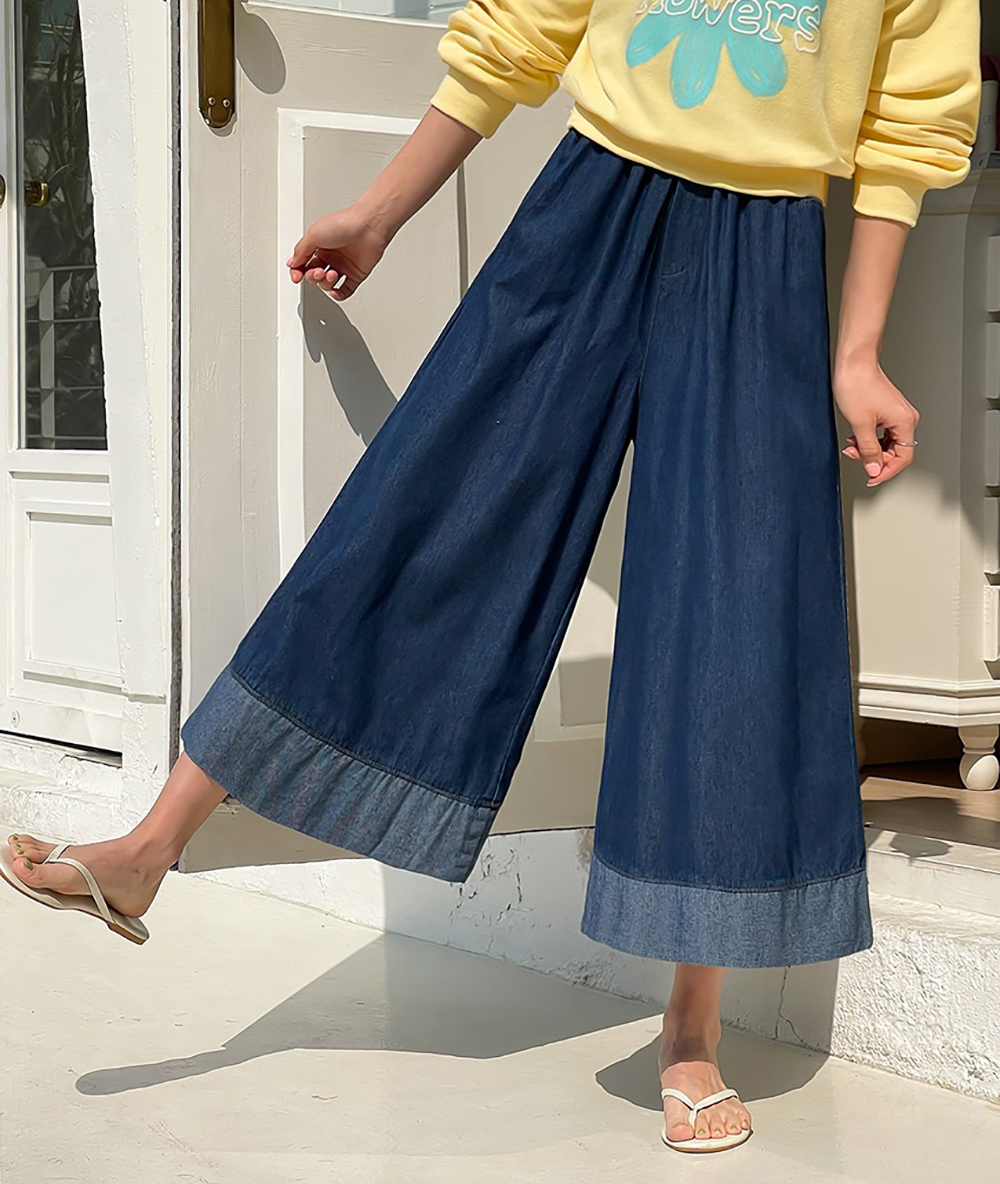 撞色下擺牛仔布寬褲,KOREA,361374,撞色下擺牛仔布寬褲,領500,999免運