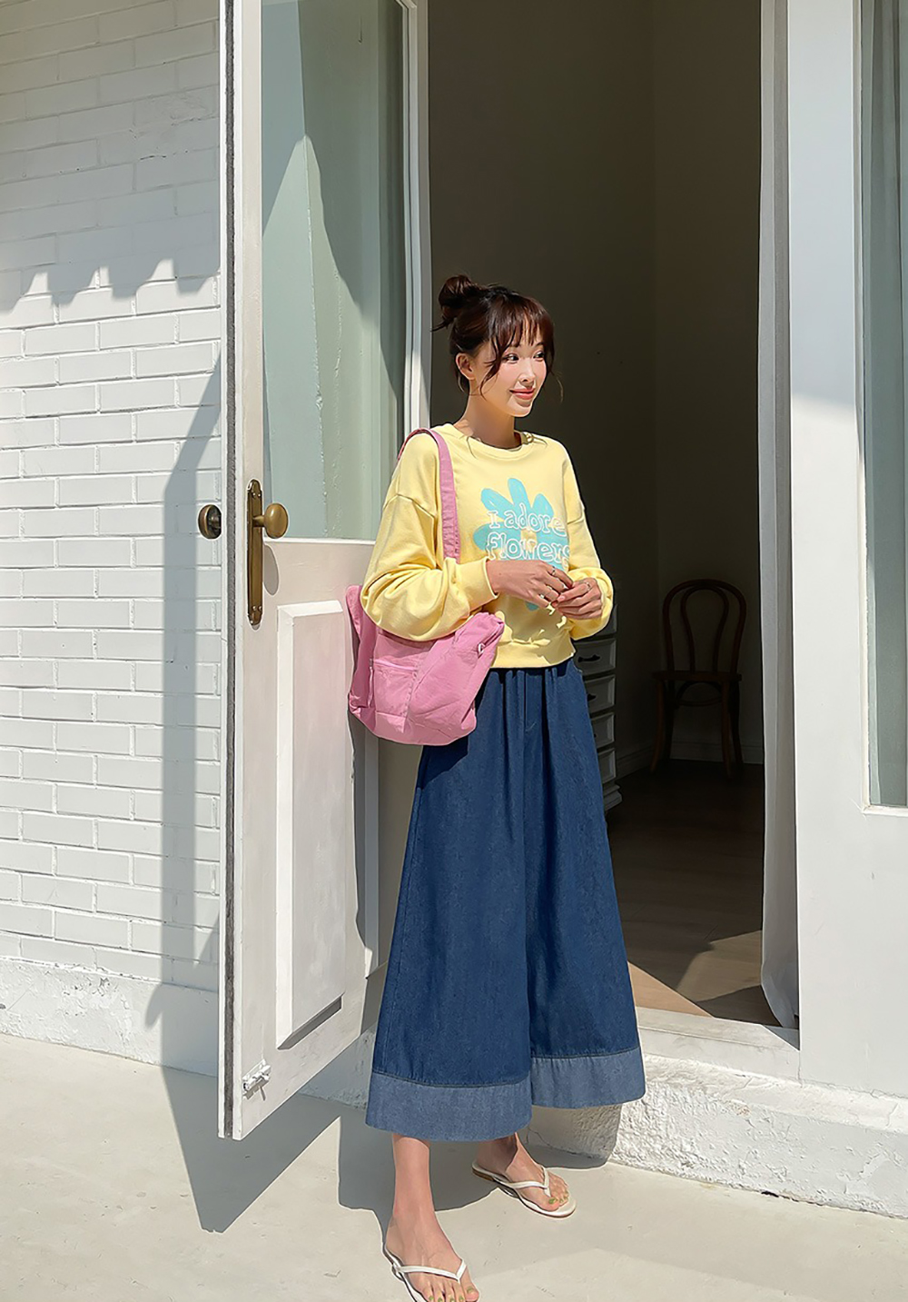 撞色下擺牛仔布寬褲,KOREA,361374,撞色下擺牛仔布寬褲,領500,999免運