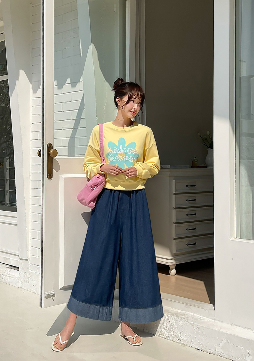 撞色下擺牛仔布寬褲,KOREA,361374,撞色下擺牛仔布寬褲,領500,999免運