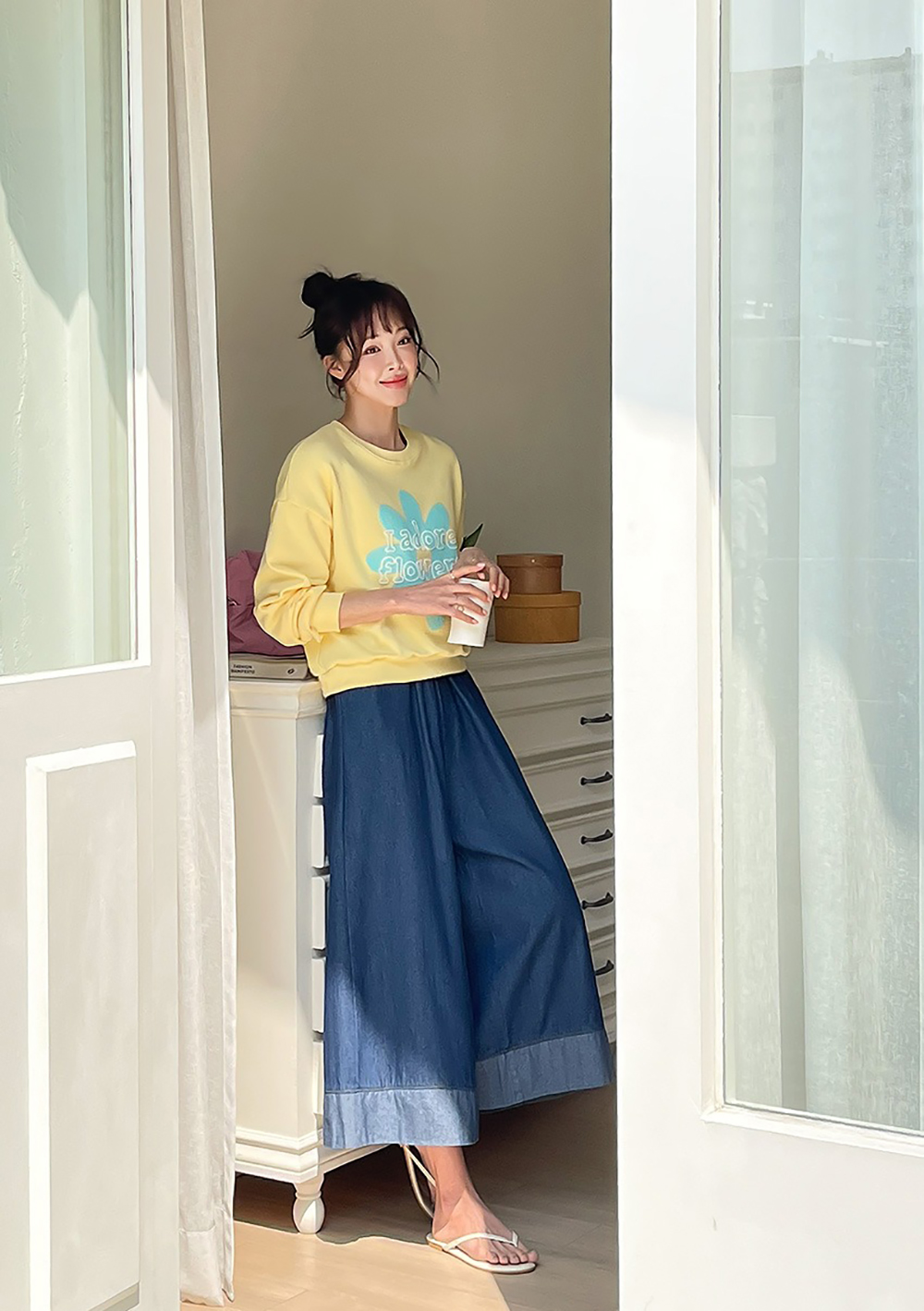 撞色下擺牛仔布寬褲,KOREA,361374,撞色下擺牛仔布寬褲,領500,999免運