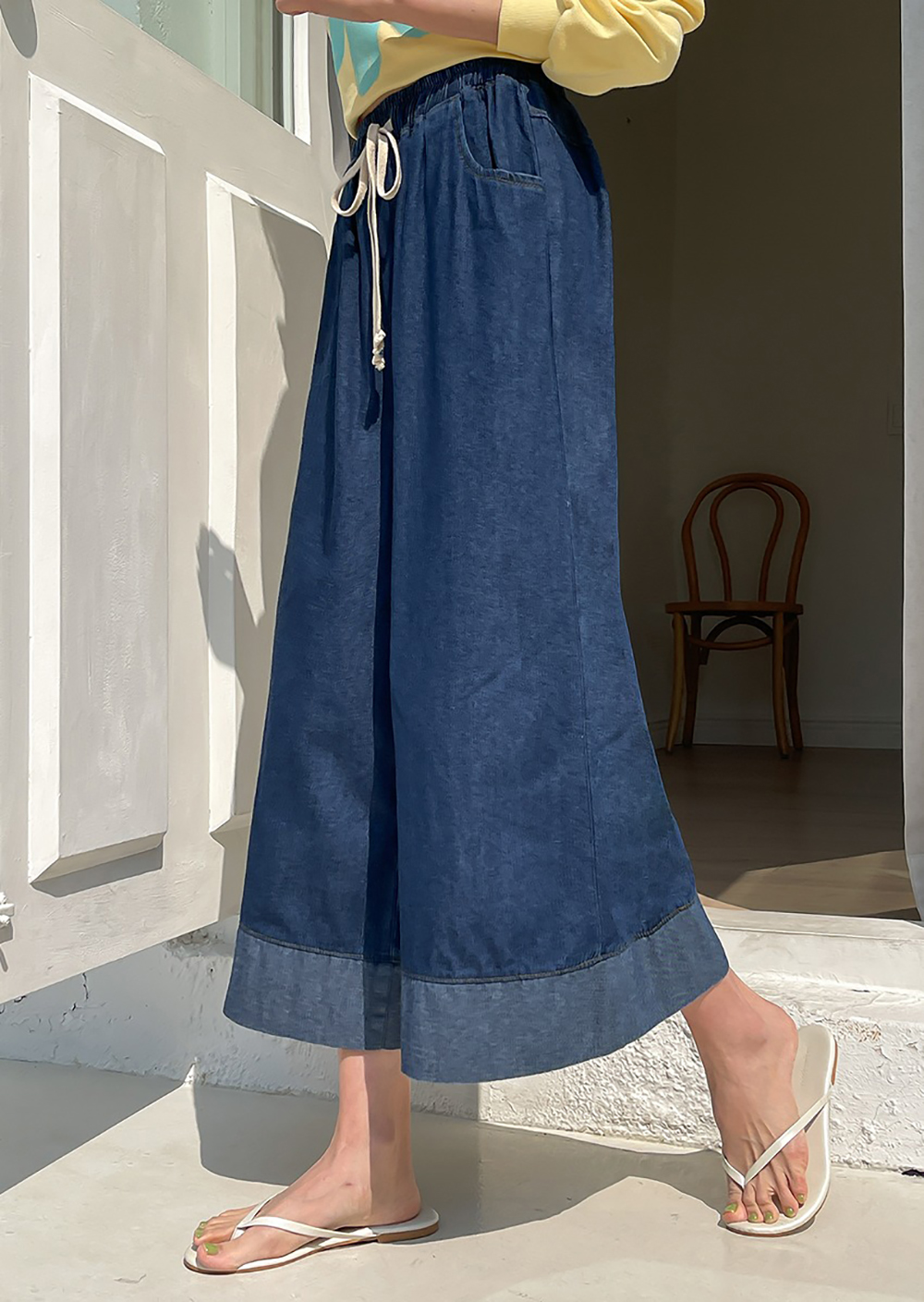 撞色下擺牛仔布寬褲,KOREA,361374,撞色下擺牛仔布寬褲,領500,999免運