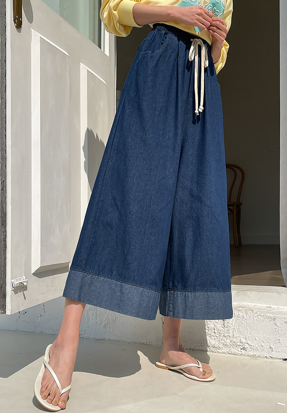 撞色下擺牛仔布寬褲,KOREA,361374,撞色下擺牛仔布寬褲,領500,999免運