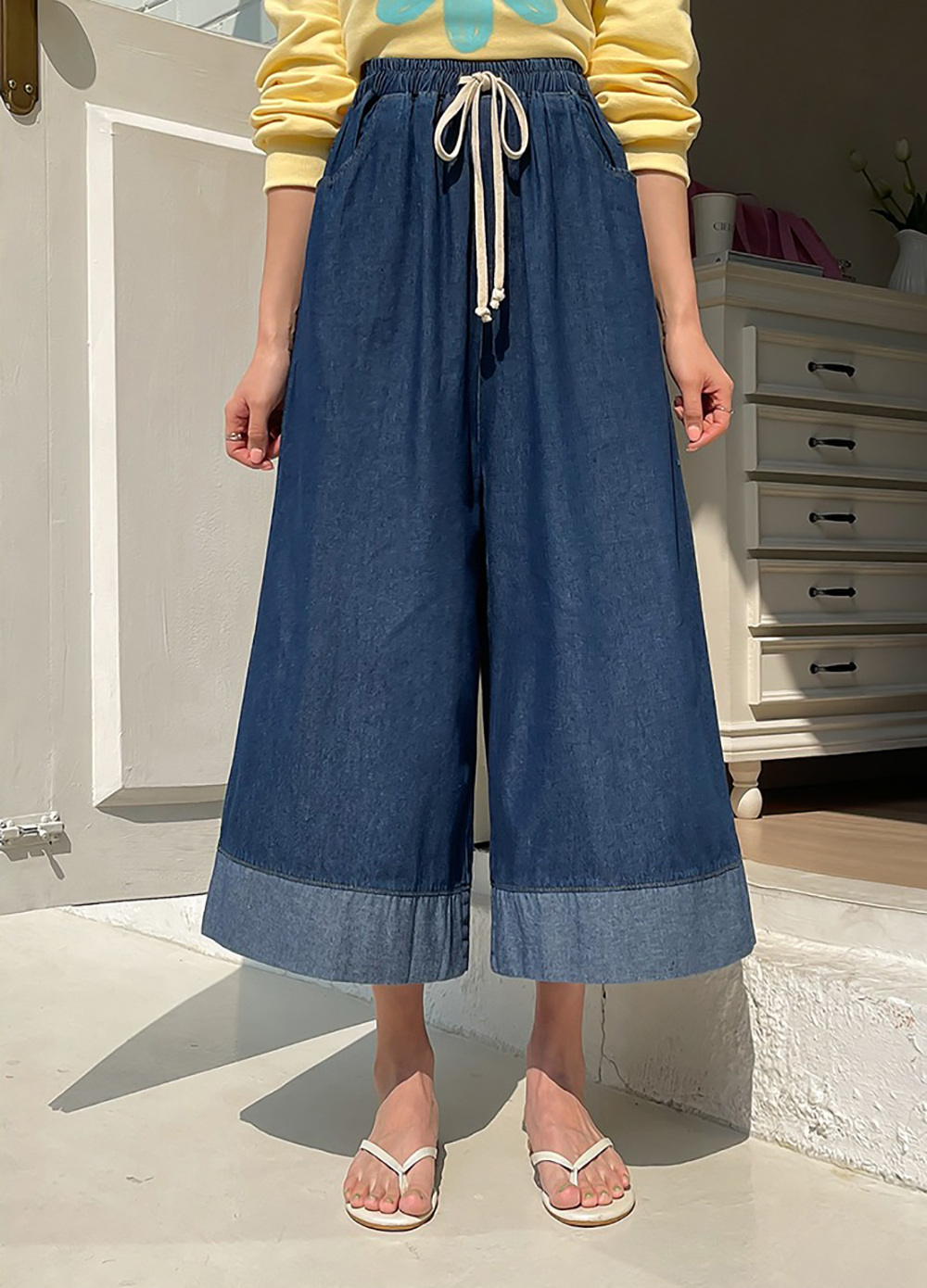 撞色下擺牛仔布寬褲,KOREA,361374,撞色下擺牛仔布寬褲,領500,999免運